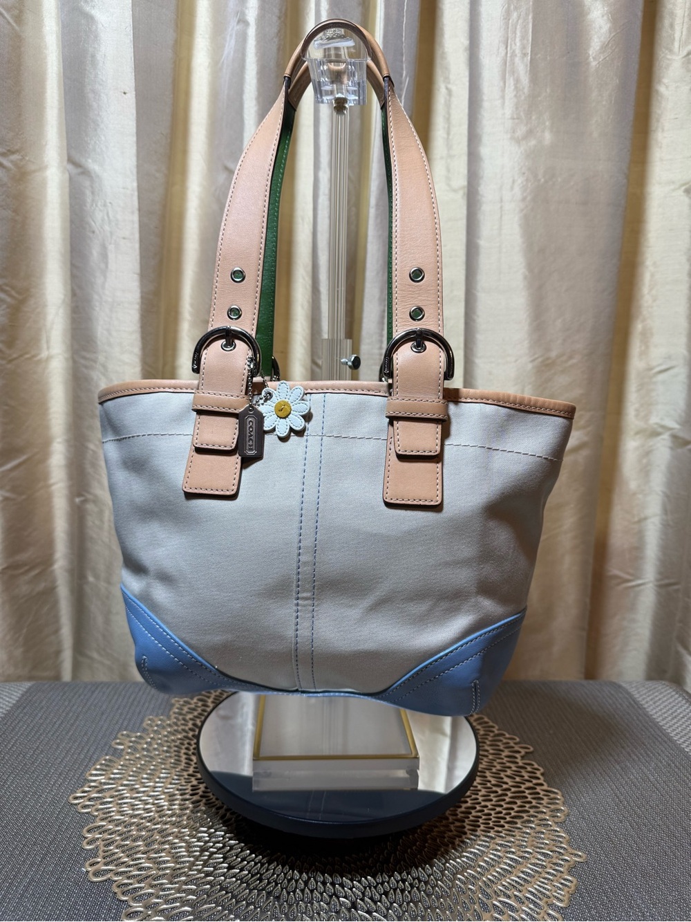 Coach Soho 2003 Daisy Tote 4428 Canvas Blue Trim Green Lining Y2K Rare Vintage